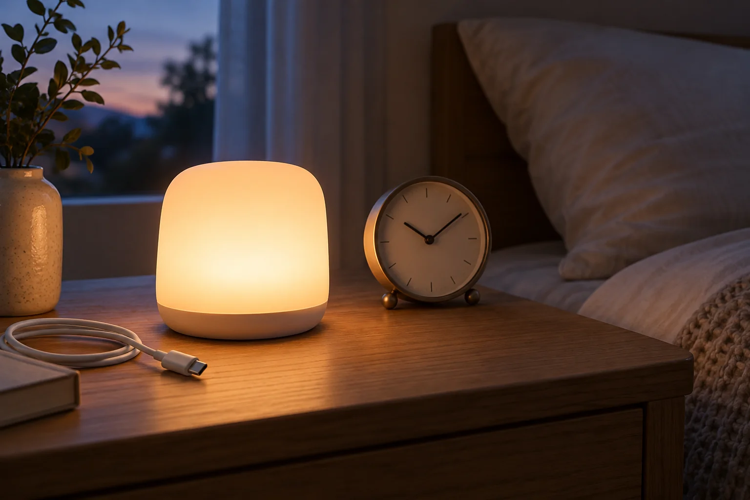 Veilleuse rechargeable allumée près d’un câble USB-C débranché et d’une horloge