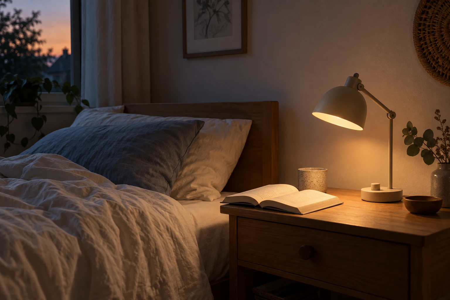 Lampe de chevet orientable éclairant un livre près d’un lit à la tombée du jour.