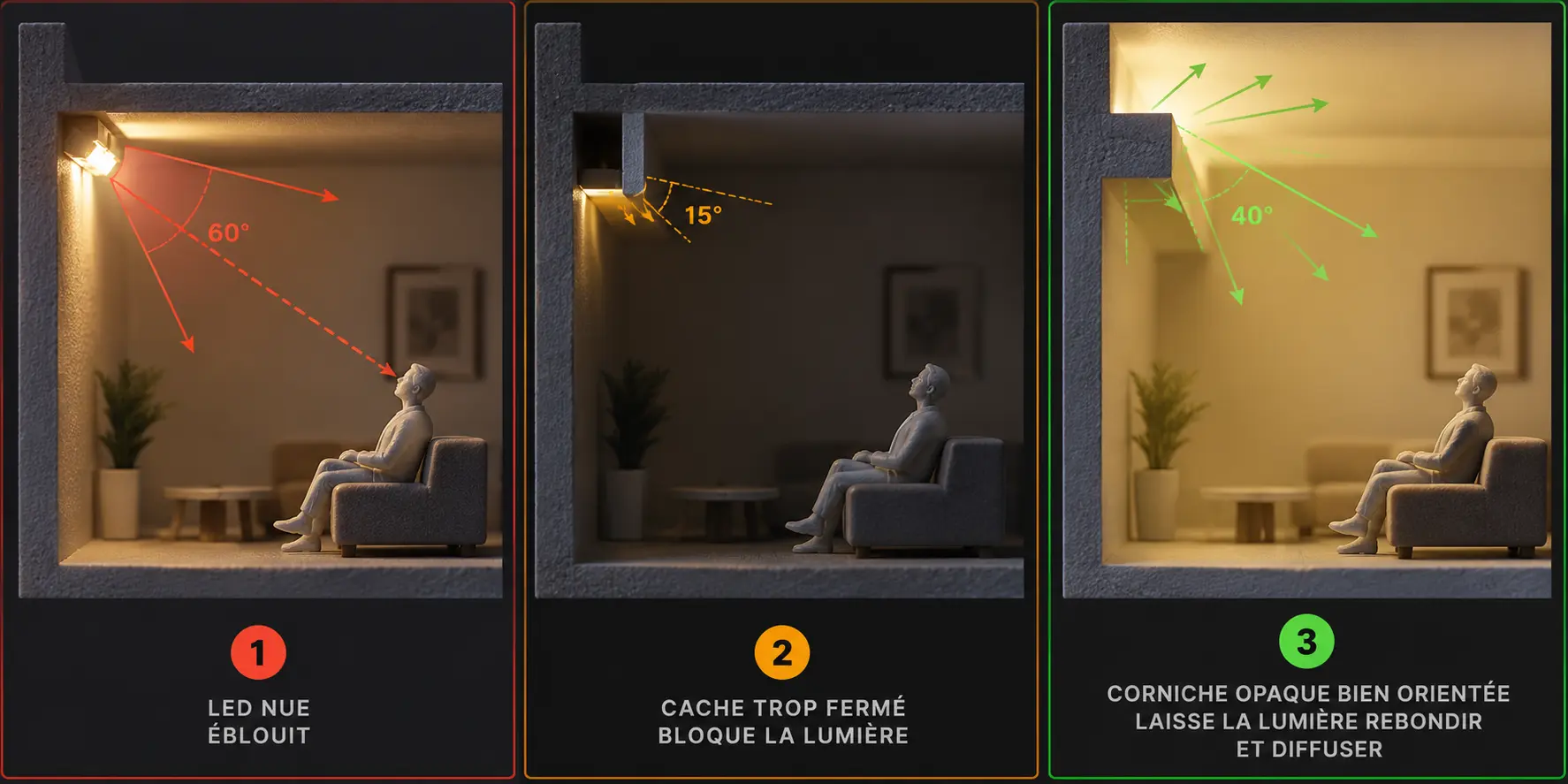 Comparaison de trois montages d'éclairage miniature montrant une LED nue, un cache trop fermé et une corniche bien orientée