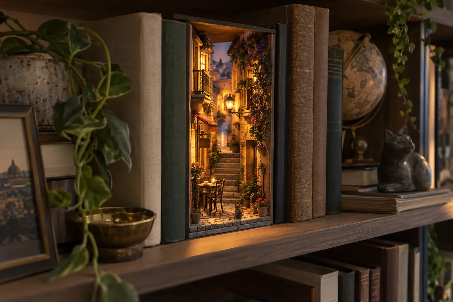 Scène miniature éclairée entre des livres, avec détails visibles et source lumineuse masquée